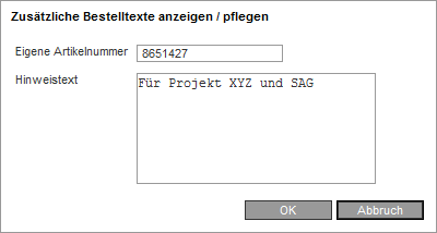 Zusätzliche Bestelltexte anzeigen / pflegen