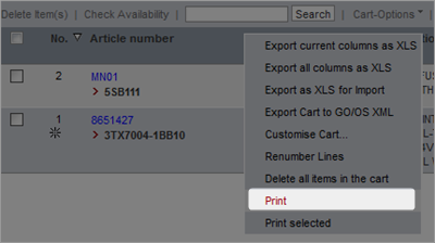 Printing of line items in cart